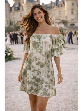 Feathers Olive Tie Dye Boho Mini Dress Flowy Romantic Cottagecore Festival Flowy